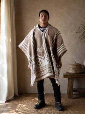 Unisex Hooded Poncho - Handwoven 100% Highland Wool Geometric Western Cloak Coat